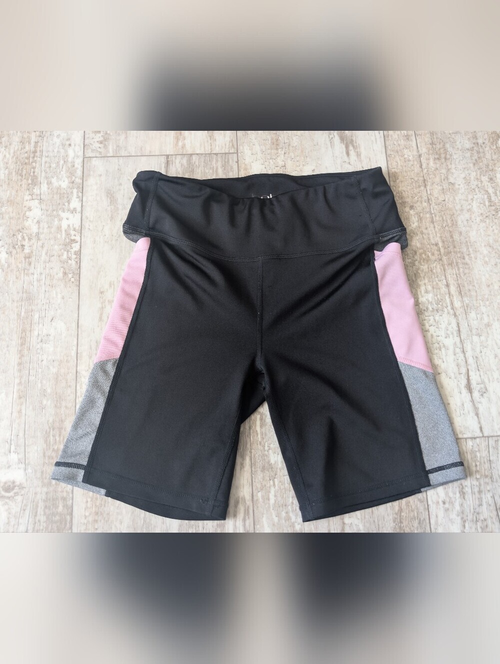 bebe Black Bike Shorts with Pink and Gray Panels Side Pockets